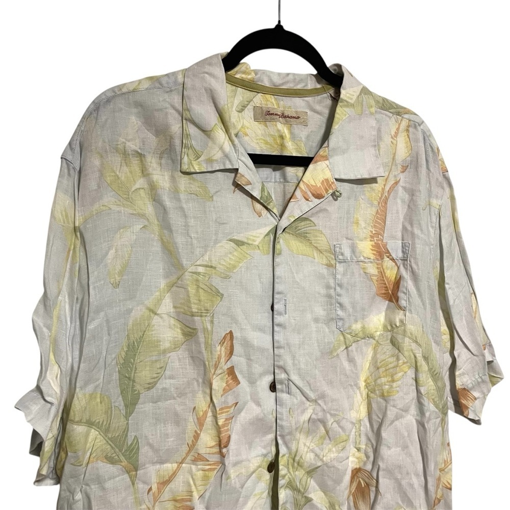 Tommy Bahama Tropical Leaf 100% Linen Shirt Pale Green Blue Size XL Resort